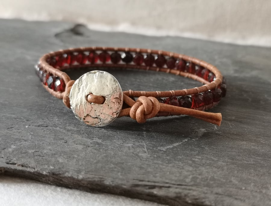 Garnet bead and leather bracelet, January birthstone