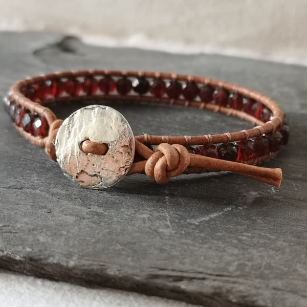 Garnet bead and leather bracelet, January birthstone