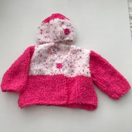 Hand knitted baby fluffy cardigan and hat