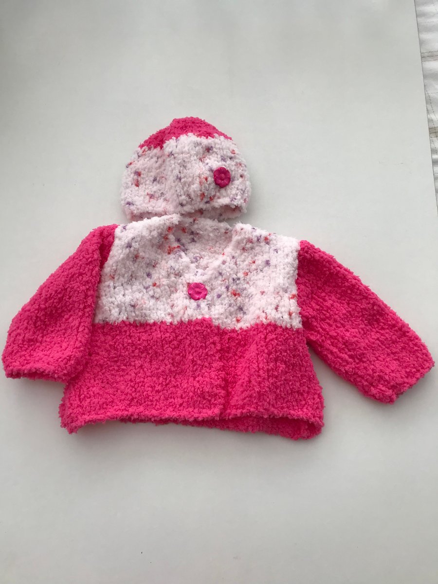Hand knitted baby fluffy cardigan and hat
