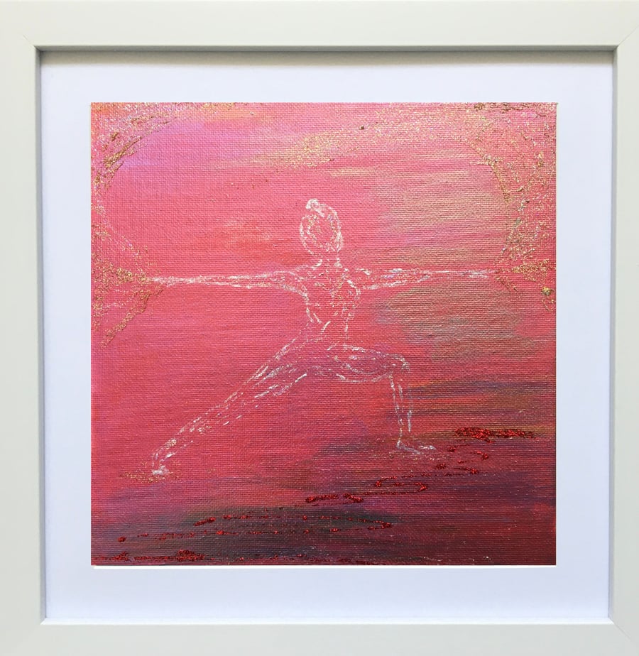 Yoga Warrior Painting Original Art Yogi Gift Red Gold Framed Free P&P
