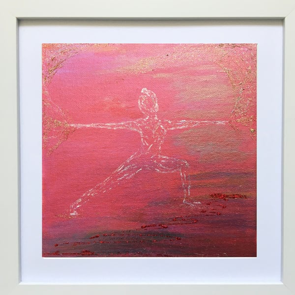 Yoga Warrior Painting Original Art Yogi Gift Red Gold Framed Free P&P