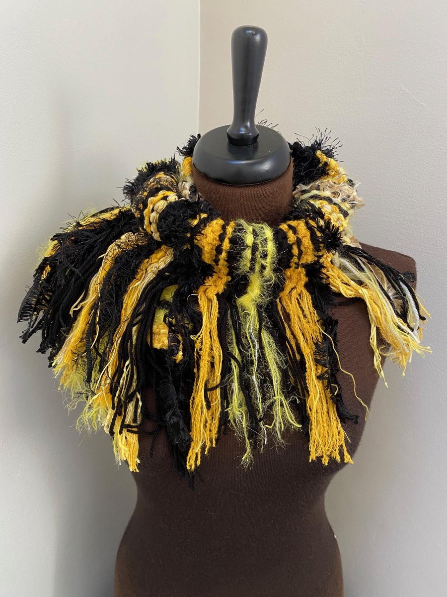 Hand Knitted Textured Scarf with Fringe, Black and Yellow, with a splash of gold