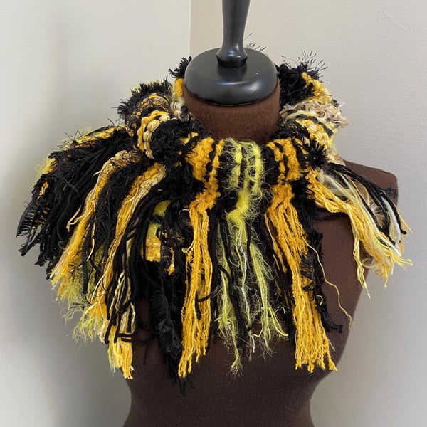 Hand Knitted Textured Scarf with Fringe, Black and Yellow, with a splash of gold