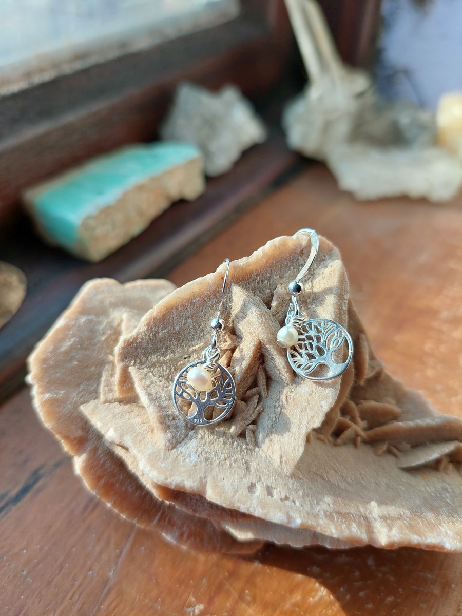 Sterling Silver and Pearl Tree of Life Earrings - June Birthstone