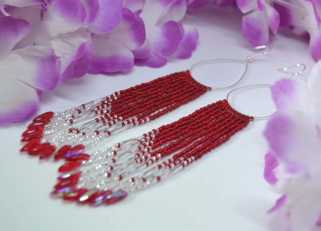 Long Red and Silver Beadwork Tassel Earrings.