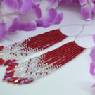 Long Red and Silver Beadwork Tassel Earrings.