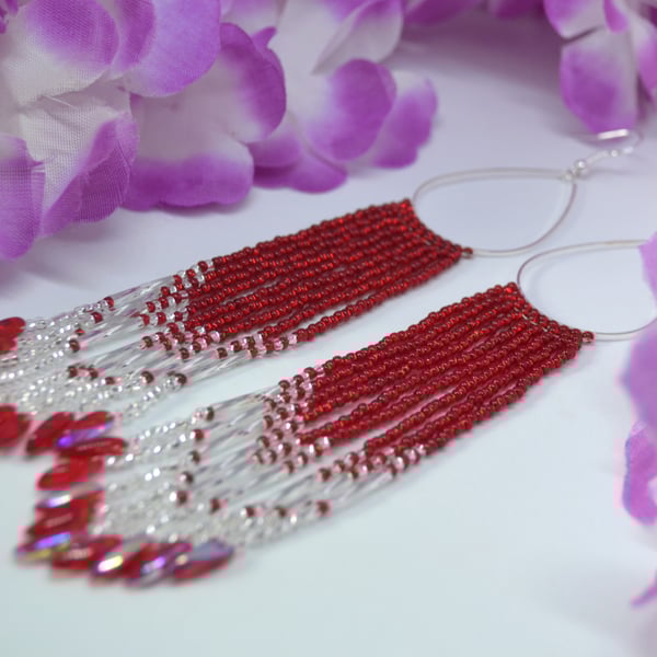 Long Red and Silver Beadwork Tassel Earrings.