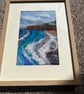 Needle felt coastal beach scene cliffs, waves, cloudy blue sky light wood frame  - Image 6