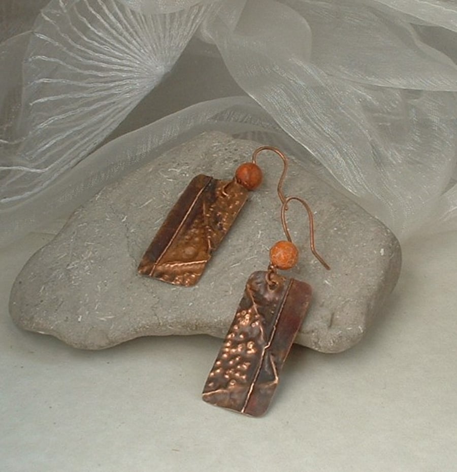 Rustic Copper Fold Formed Dangle Earrings with Jasper Beads