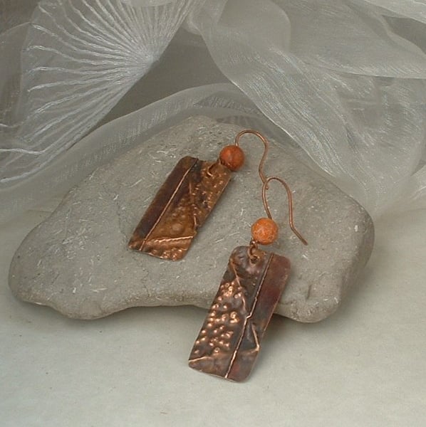 Rustic Copper Fold Formed Dangle Earrings with Jasper Beads