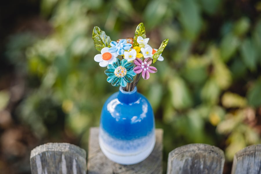 Bright Bouquet and Blue Ceramic Vase - Glass Flower Bouquet - Glass Flower Stems
