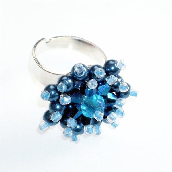 Metallic Blue Pearl and Crystal Bead Bling Ring - UK Free Post
