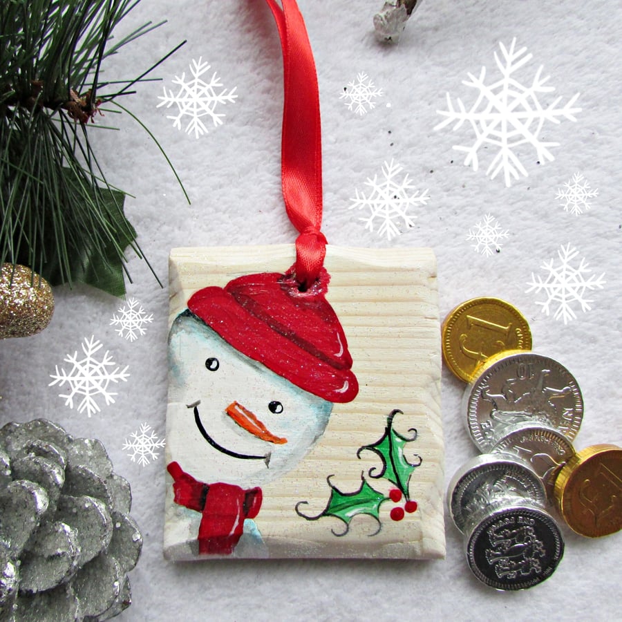 Snowman in a Red Hat Christmas Tree Decoration, handpainted onto wood, cute