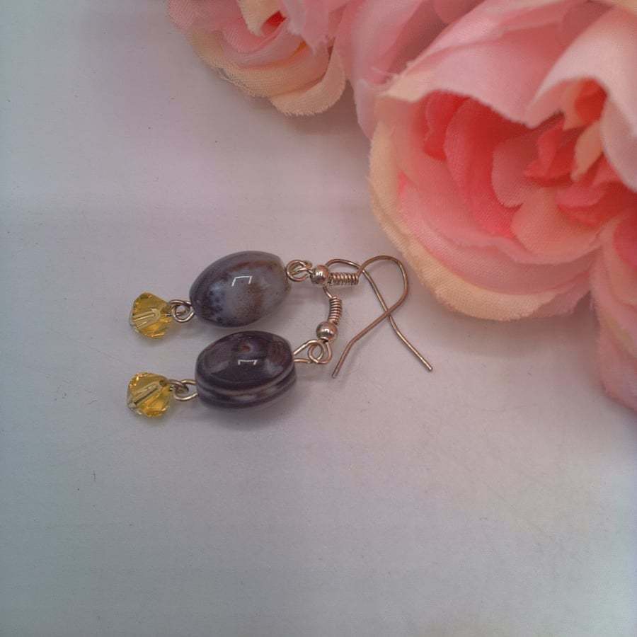 Earrings with a Grey Puffed Oval Agate Bead and A Yellow Crystal, Gift for Her