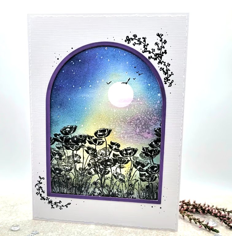 Poppies Blank Card - poppy field, moon, stars, handmade, all occasions card