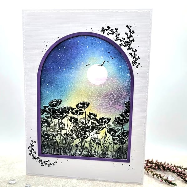 Poppies Blank Card - poppy field, moon, stars, handmade, all occasions card
