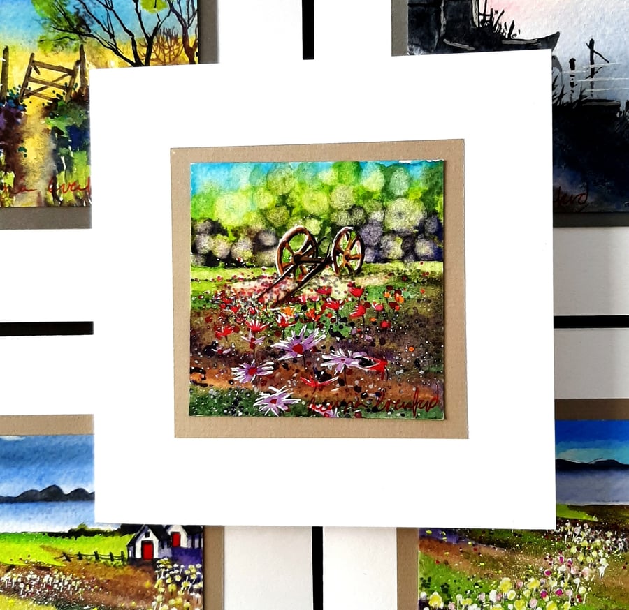 Greetings Card  Handpainted Of A Broken Cart And Wildflowers  Any Occasion Note