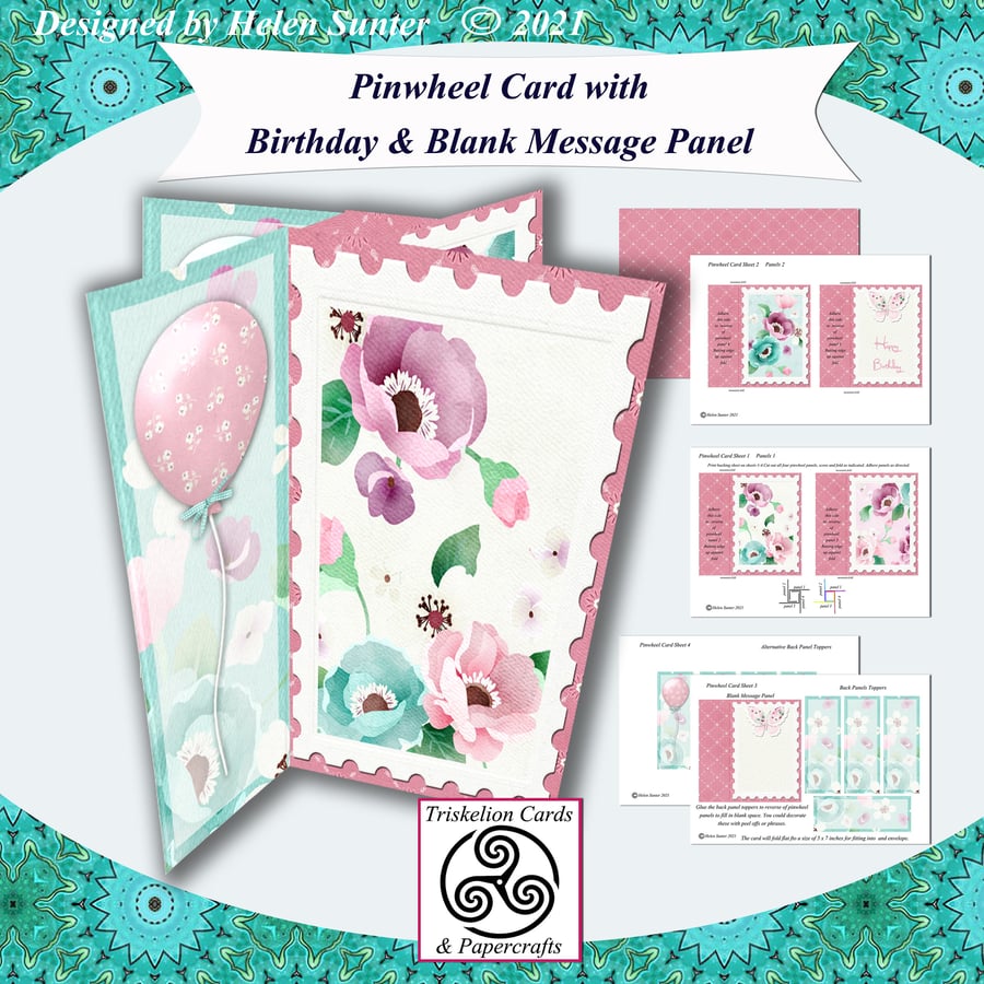 Printable Pink and Blue Floral Pinwheel Card with Birthday & Blank Message Panel