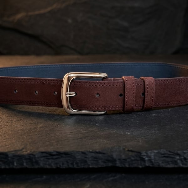 Chocolate Brown Full Grain Suede Belt Silver Buckle Men's Belt 35mm 1.4 Inch