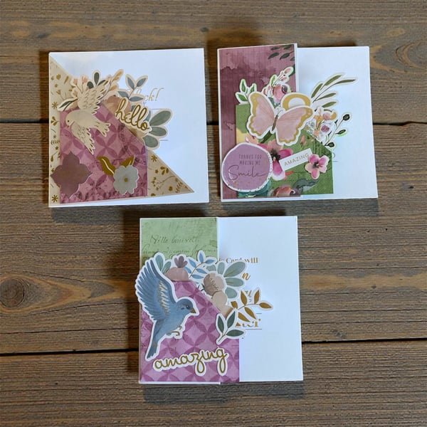 Set of 3 Shaped Front Floral Layered Greetings Cards 