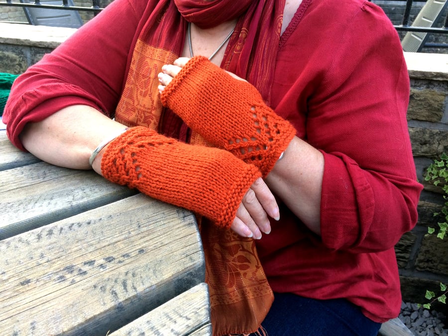 Orange wool fingerless gloves