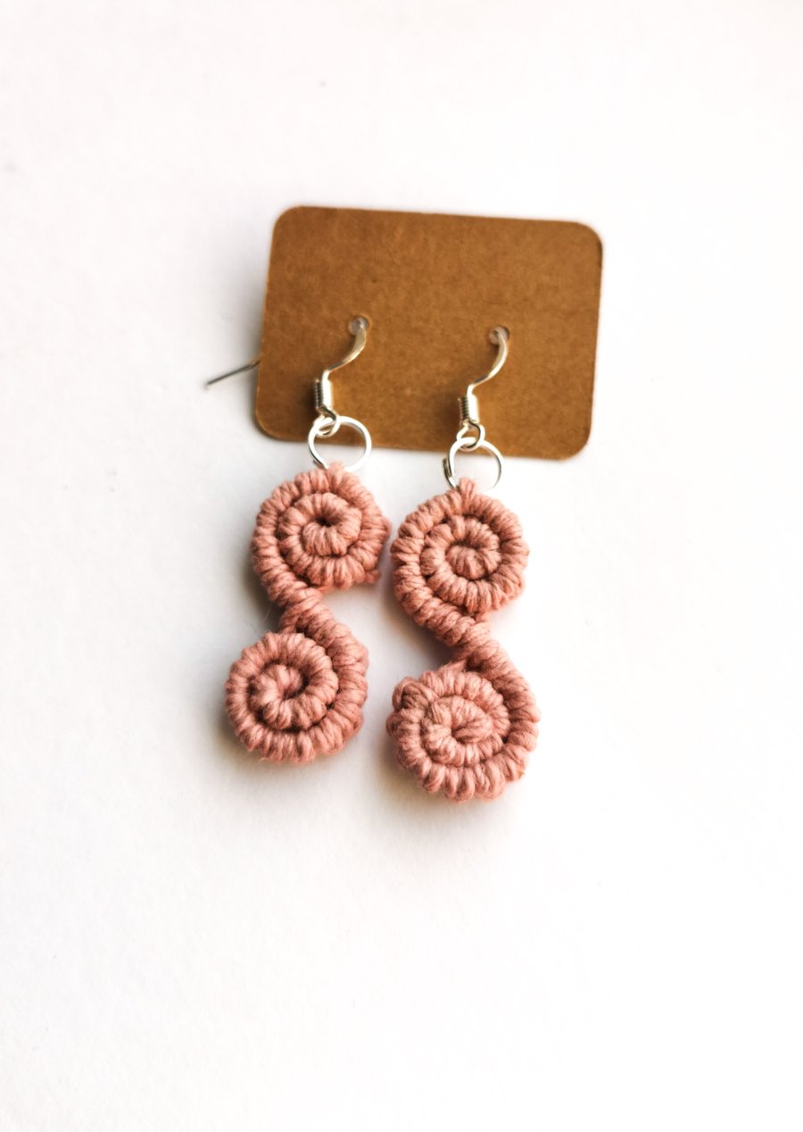 Macrame earrings, pink spiral hemp earrings 