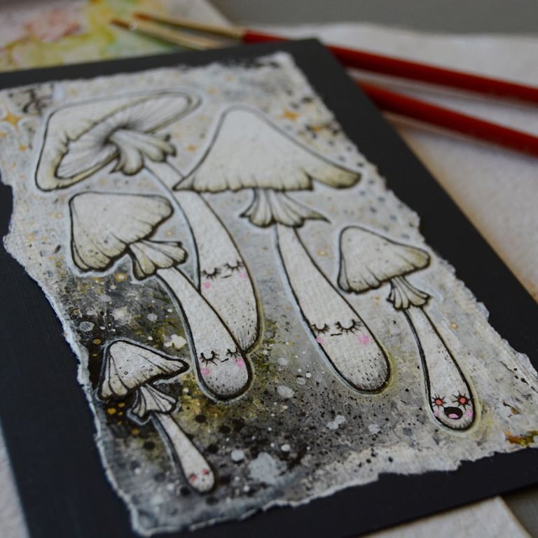 destroying angel mushrooms - original A6 illustration and collage 