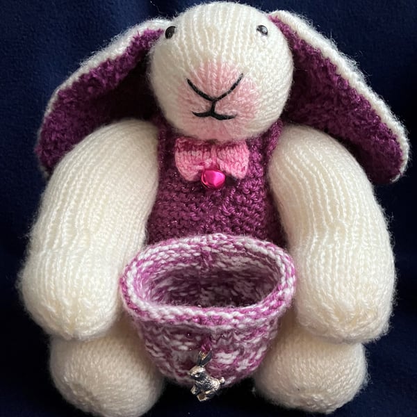 Rabbit with knitted basket keepsake holder - Cream - Special Gift