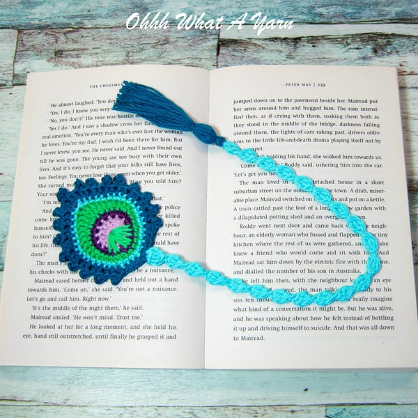 Blue and green peacock feather crochet bookmark, pagekeeper.
