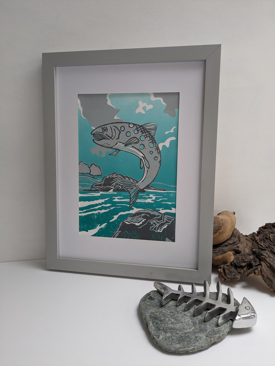 Handmade Linocut Print 'Leaping Trout'  linoprint home & living wall decor gift