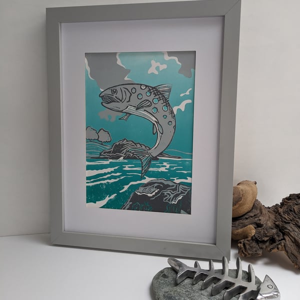 Handmade Linocut Print 'Leaping Trout'  linoprint home & living wall decor gift