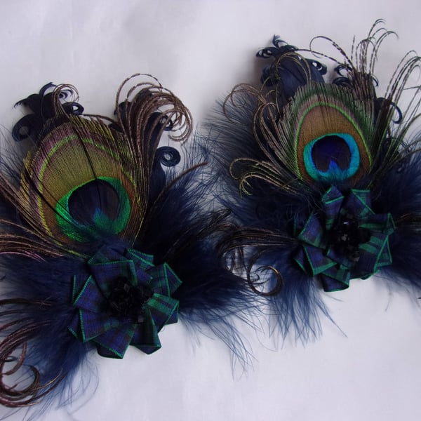 Navy Tartan Brooch Rustic Peacock Feather Blackwatch Tartan Corsage Buttonhole