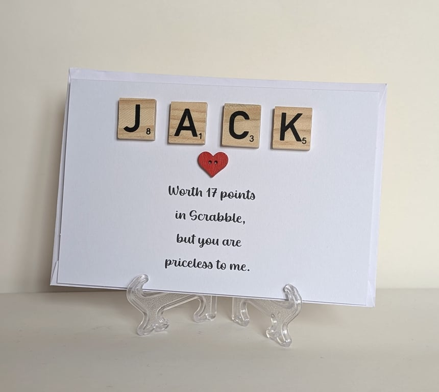 Personalised name worth points in Scrabble greetings card