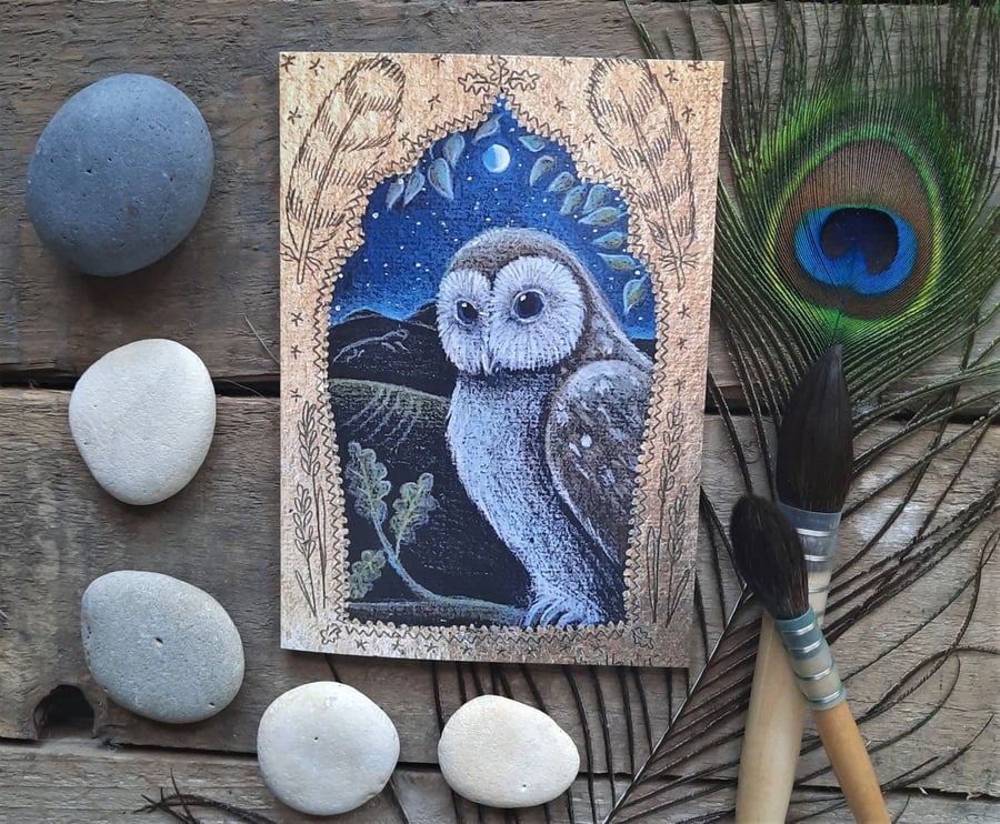 The Owl in the Oak Greetings Card by Hannah Willow