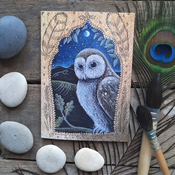 The Owl in the Oak Greetings Card by Hannah Willow