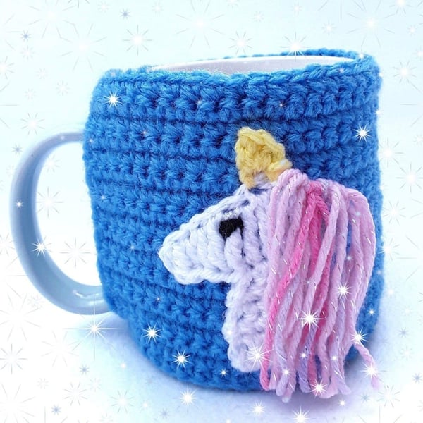 Seconds Sunday Blue unicorn lover hand crocheted mug cosy 