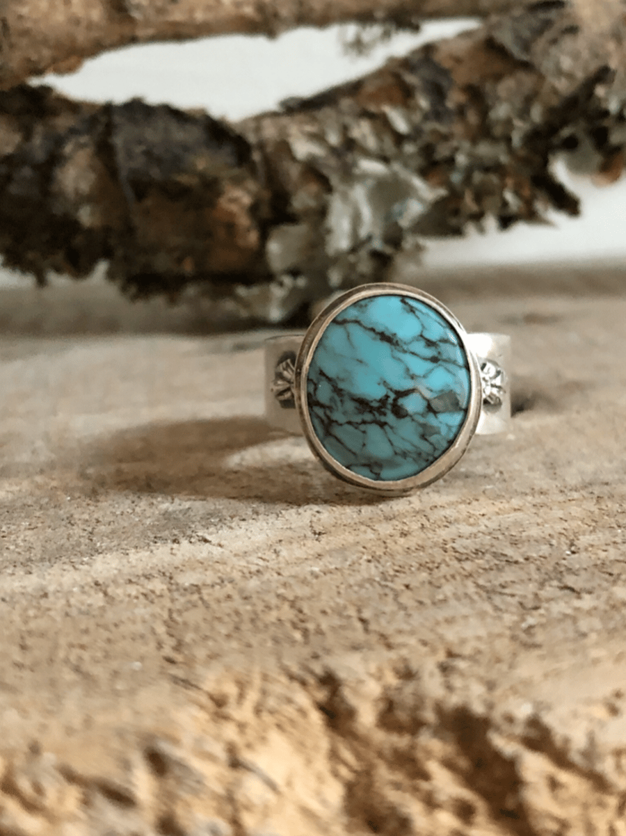 Turquoise Ring - Silver Ring - Wide Band Ring - Statement Ring