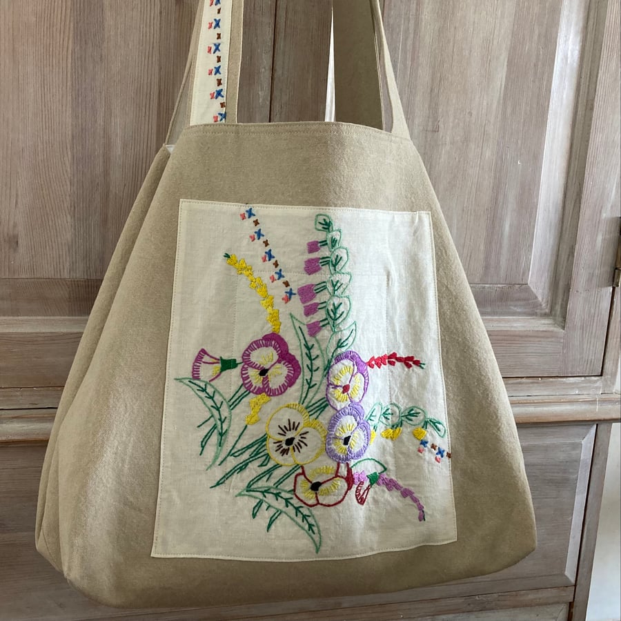 Large Canvas And Linen Tote Bag With Vintage Embroidery 