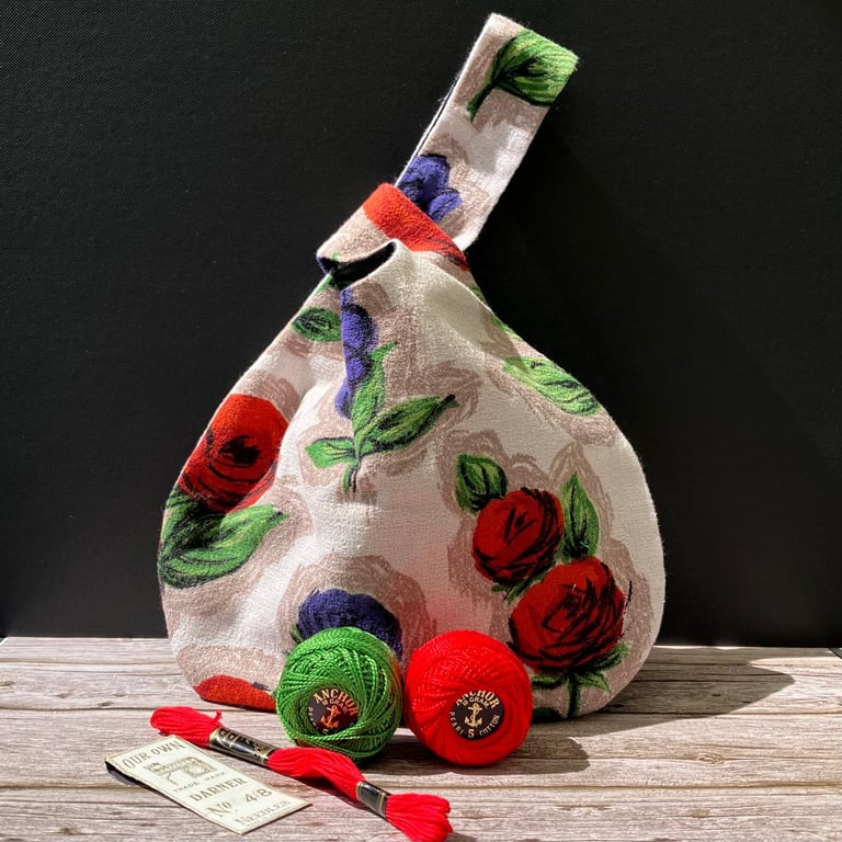 1950s Vintage Barkcloth Japanese Knot Bag, Red Roses, Purple Flowers