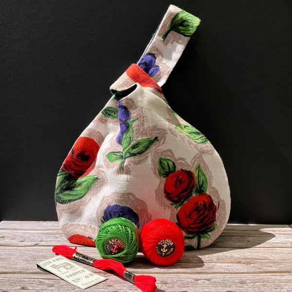 1950s Vintage Barkcloth Japanese Knot Bag, Red Roses, Purple Flowers