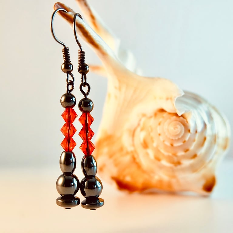 Hematite And Red Swarovski Crystal Earrings - Handmade In Devon