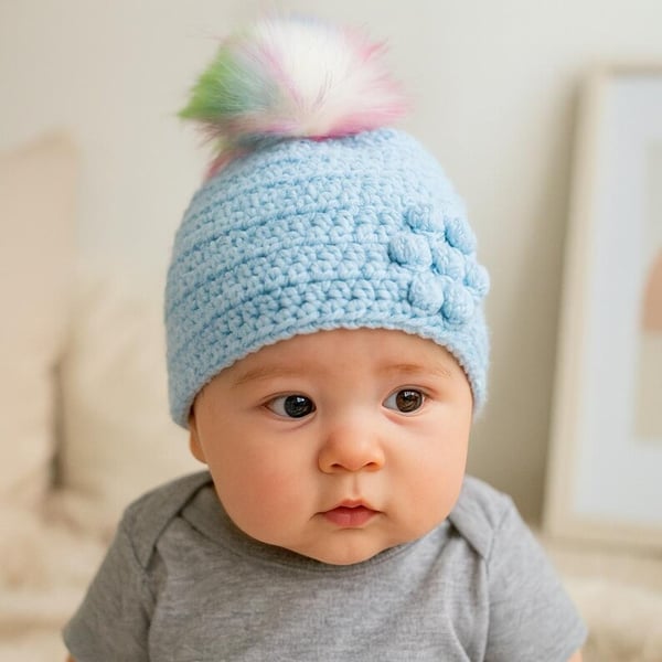 Crocheted Baby Pompom Hat, Blue Faux Fur, Bobble Flower Detail, 0-3 Months