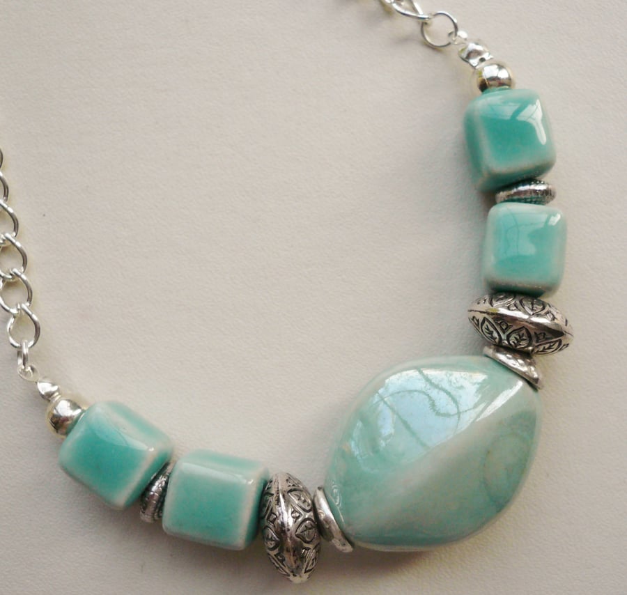 Pale Turquoise Ceramic Bead Collar Necklace   KCJ756