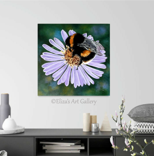 Original Bee on Aster Flower Acrylic on Box Canvas Wall Art Painting