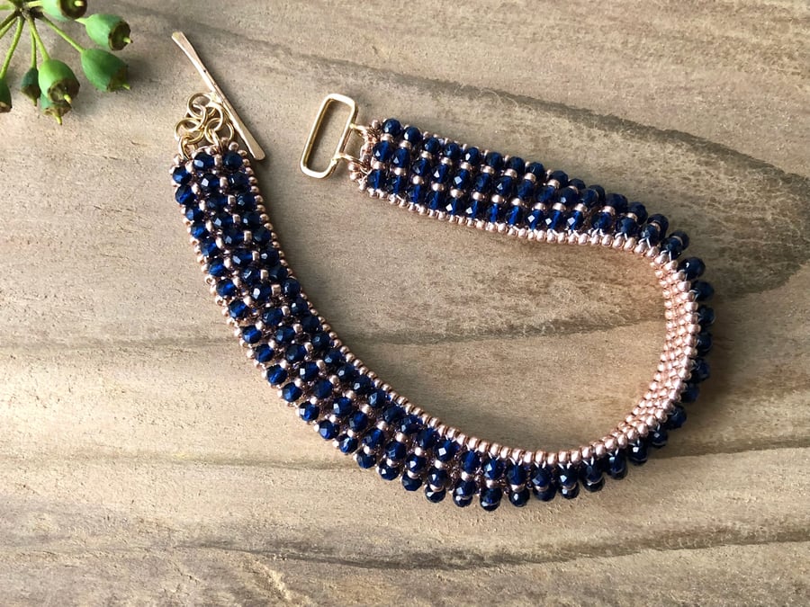 Dark Blue & Gold Beaded Bracelet SPINEL Gemstone 14K Gold Filled. Bead Weave