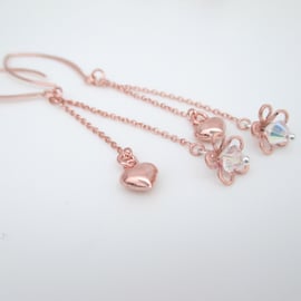 Rose Gold & Crystal Long Drop Earrings, Rose Gold Vermail Hearts Flowers.