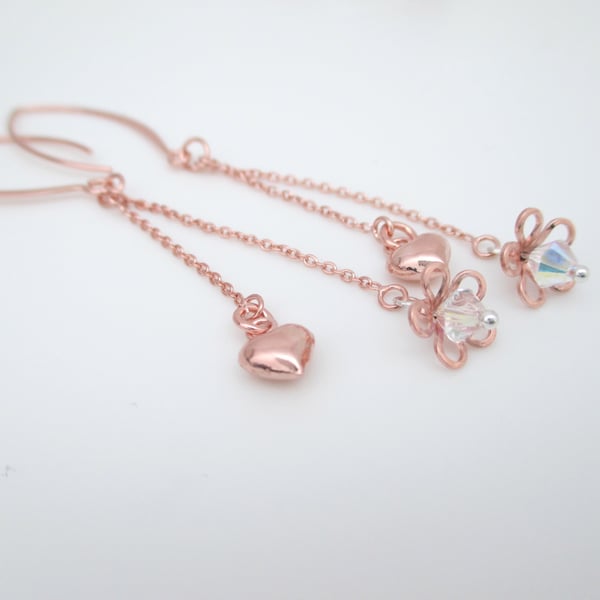 Rose Gold & Crystal Long Drop Earrings, Rose Gold Vermail Hearts Flowers.