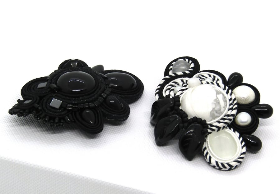 Handmade soutache brooch black boho statement pin gift