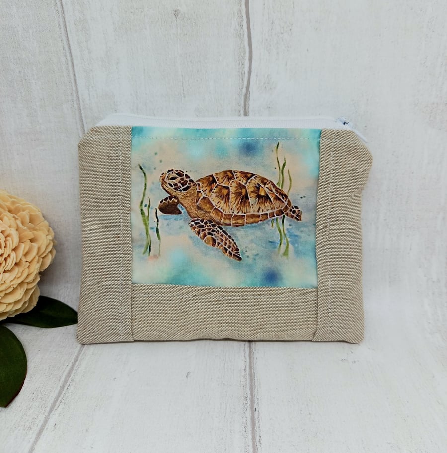Turtle purse, Natural linen coin purse, Sea Turtle Gifts, Animal zip pouch